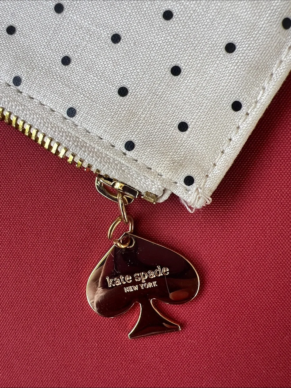 kate spade Cream and Black Polka Dot Zip Pouch with Gold Spade Charm